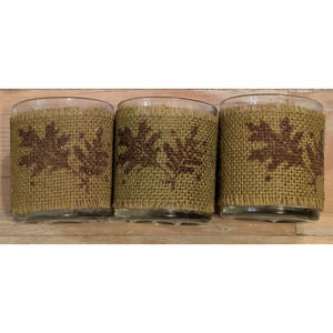 Seasons by Nicole Autumn Glass Votive Candle Holder Green Burlap Leaves Set of 3
